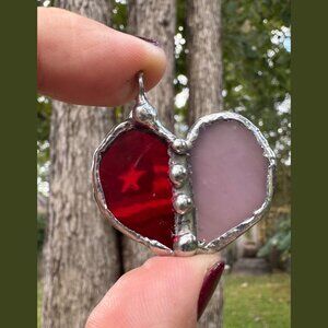 Handcrafted Stained Glass Heart Pendant Caged in Silver-Blend Boho Bezel 1.5”